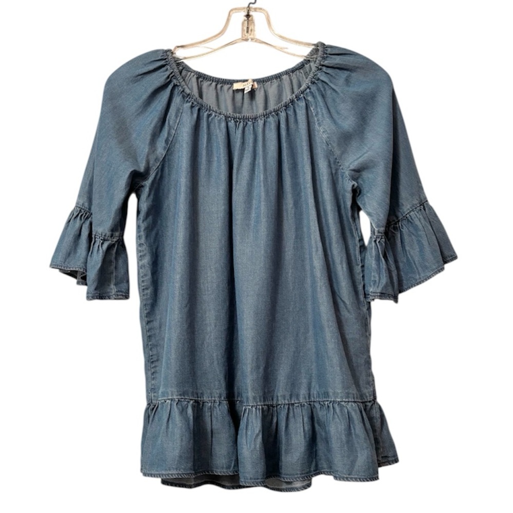 Denim Blue Ruffle Sleeve Top Women’s Small 100% Lyocell